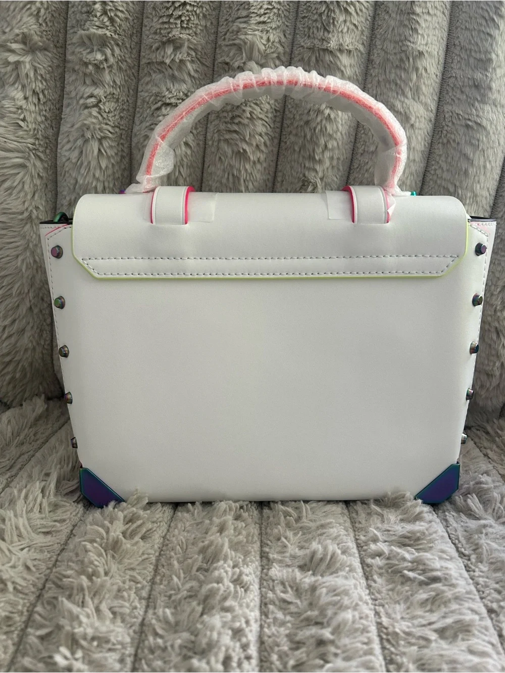 Michael Kors Manhattan Neon Rainbow Leather Satchel Optic White NWT